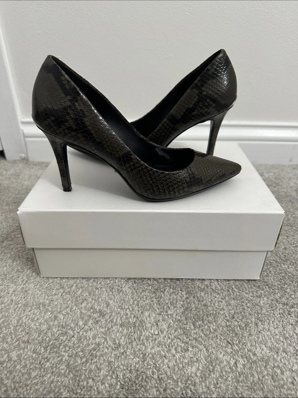 Calvin Klein Olive Snake-Embossed Pointed-Toe Pumps